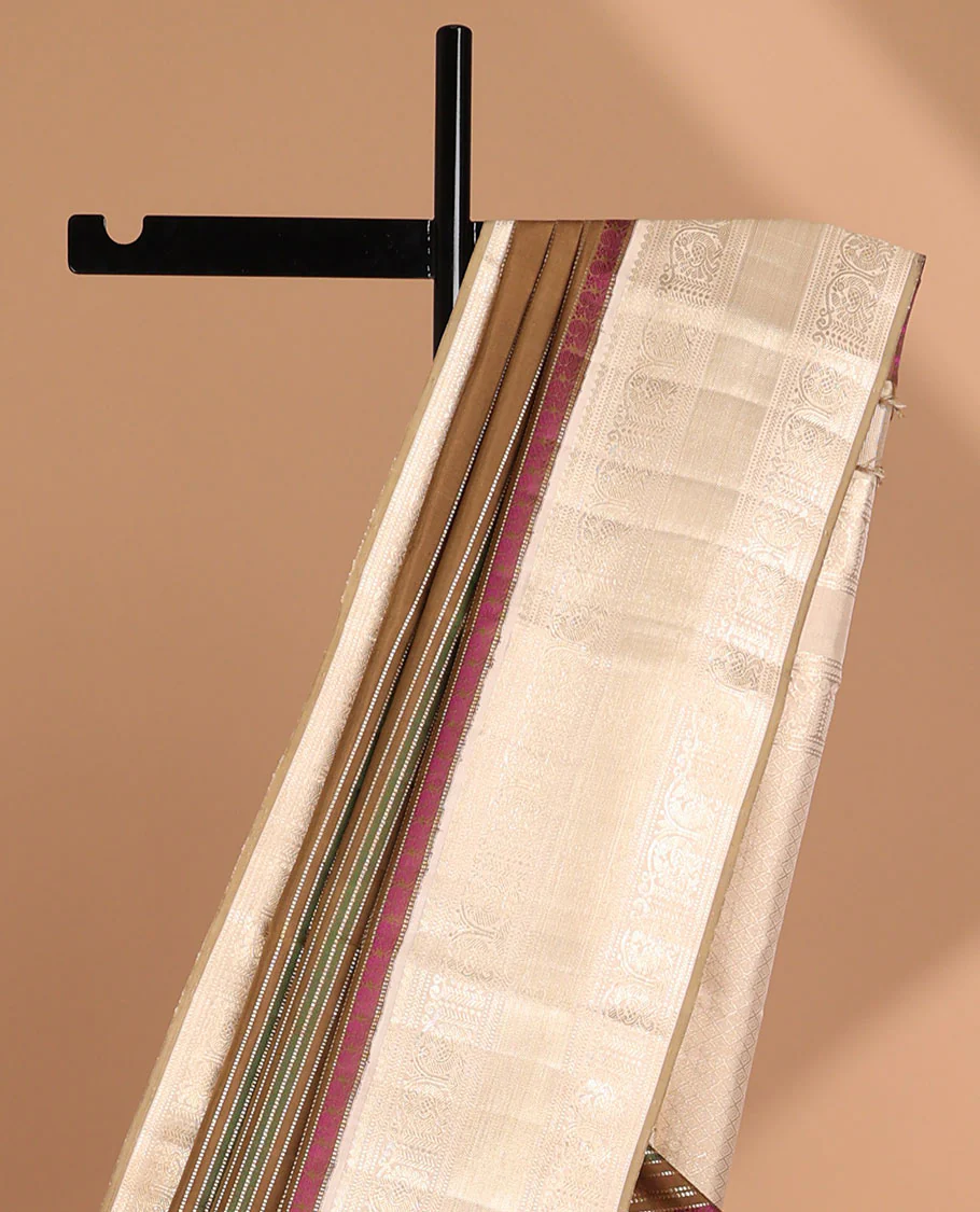 Multi-color striped design kancheepuram silk saree with contrast traditional design border & intricate zari design pallu - Image 3