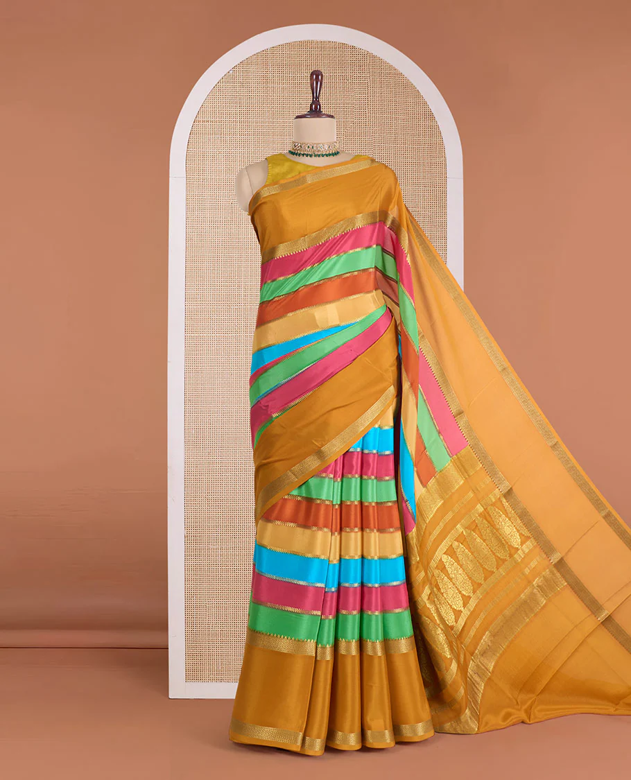 Multi-color striped Mysore silk saree with zari stripes, contrast traditional zari rettai pettu border, and intricate pallu - Image 2