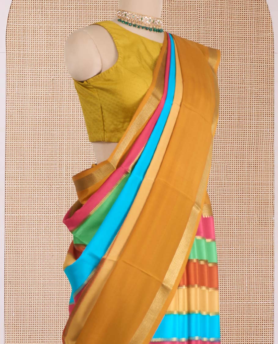 Multi-color striped Mysore silk saree with zari stripes, contrast traditional zari rettai pettu border, and intricate pallu - Image 3