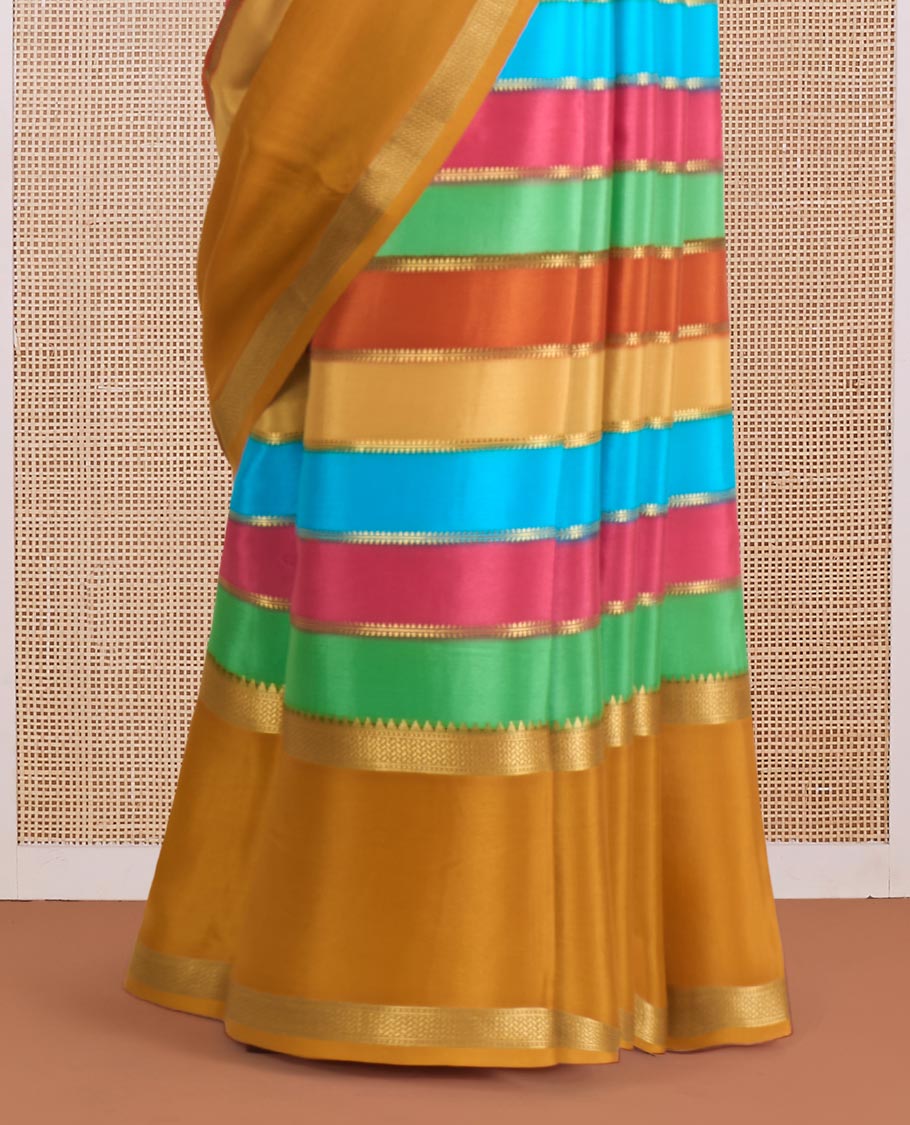 Multi-color striped Mysore silk saree with zari stripes, contrast traditional zari rettai pettu border, and intricate pallu - Image 4