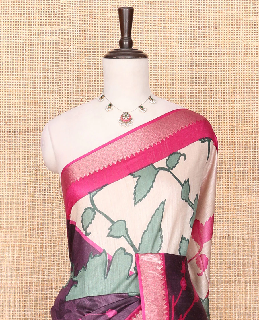 Multi-Color Tussar Saree with Floral and Abstract Print, Contrasting Zari Temple Border, Striped Pallu, and a Contrast Blouse of Zari Border - Image 3