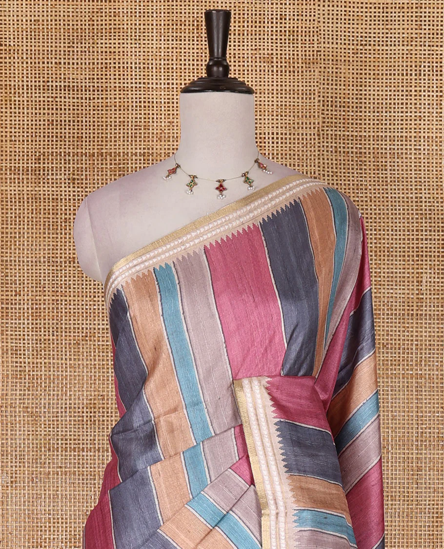 Multi color vertically striped semi-tussar saree, contrast resham thread border of temple and rudraksham motifs, striped pallu, and contrast striped printed blouse - Image 3
