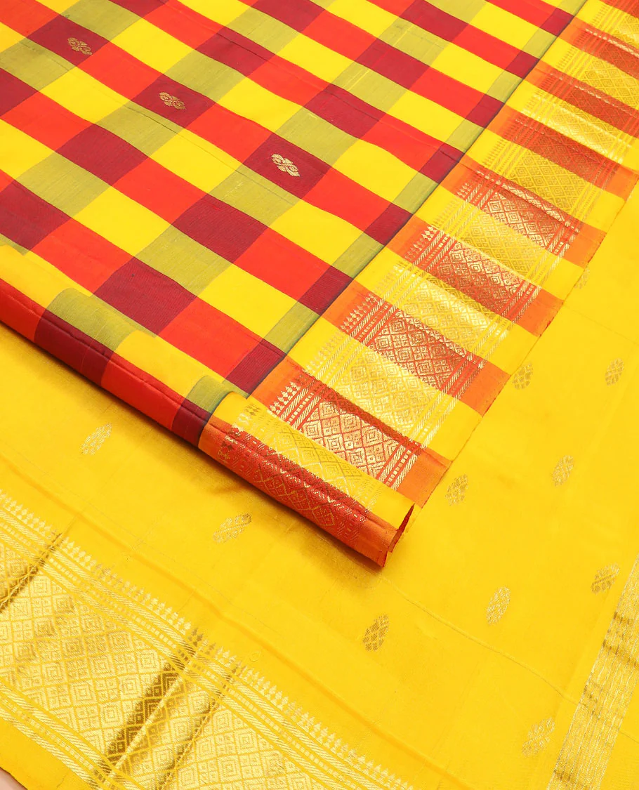 Multi-color zari buttas Kanchipuram silk saree, contrast border of paneer sombu, banaras, muthu, and jaal designs, and zari design pallu - Image 2