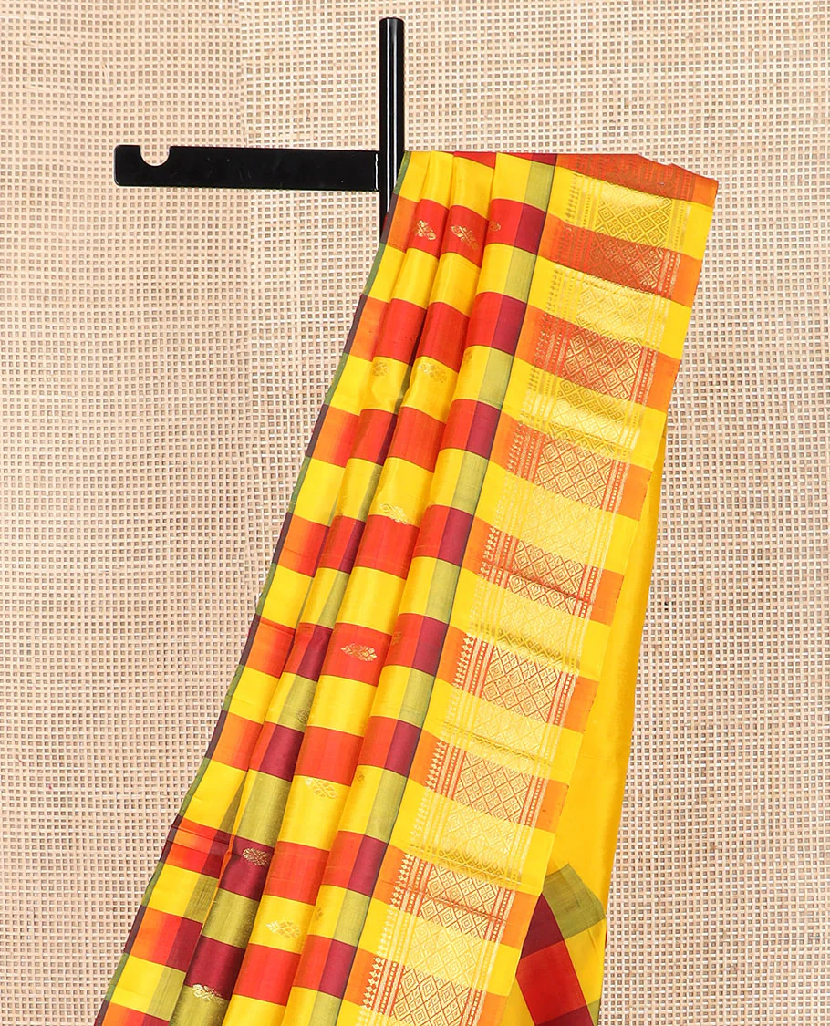 Multi-color zari buttas Kanchipuram silk saree, contrast border of paneer sombu, banaras, muthu, and jaal designs, and zari design pallu - Image 3