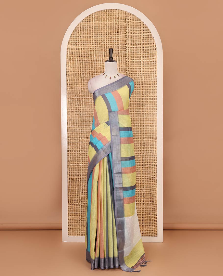 Multi-colored stripes-block linen saree, zari bavanji border, plain pallu & printed blouse - Image 2