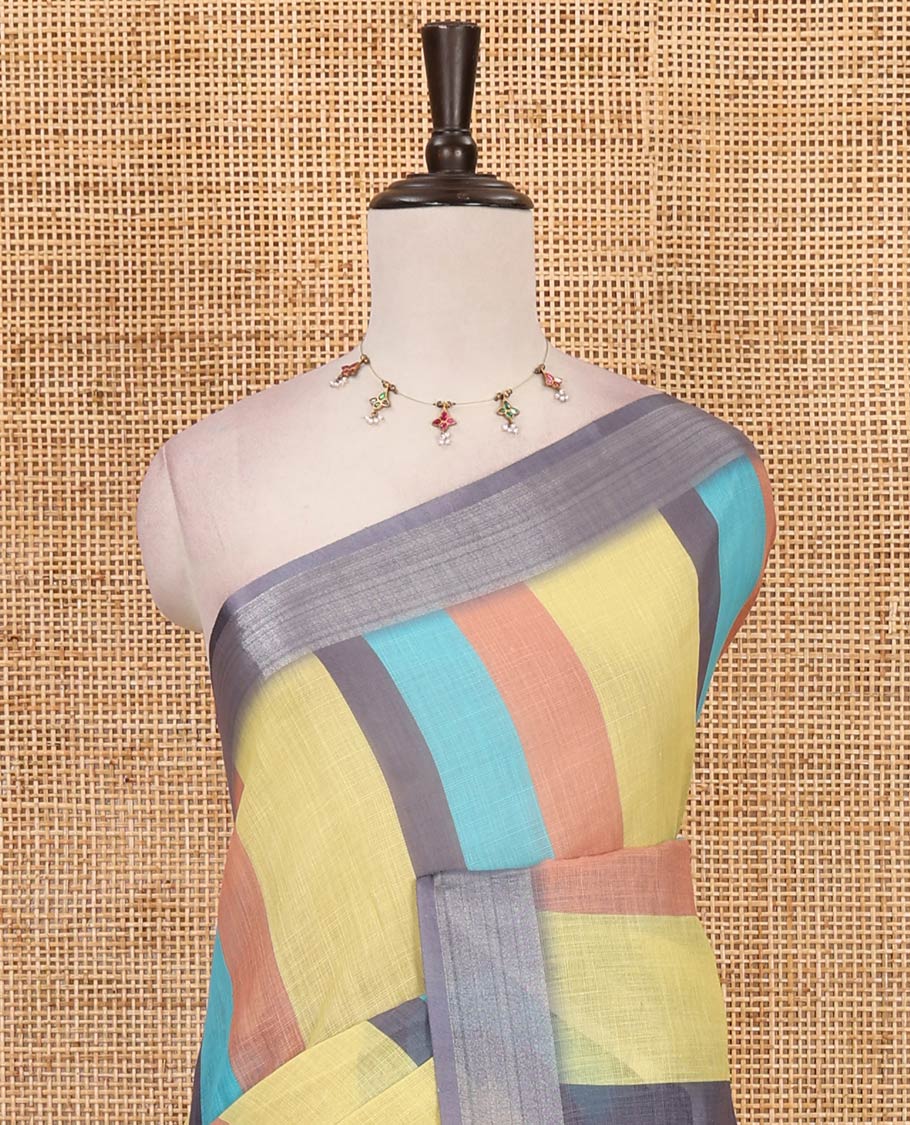 Multi-colored stripes-block linen saree, zari bavanji border, plain pallu & printed blouse - Image 3