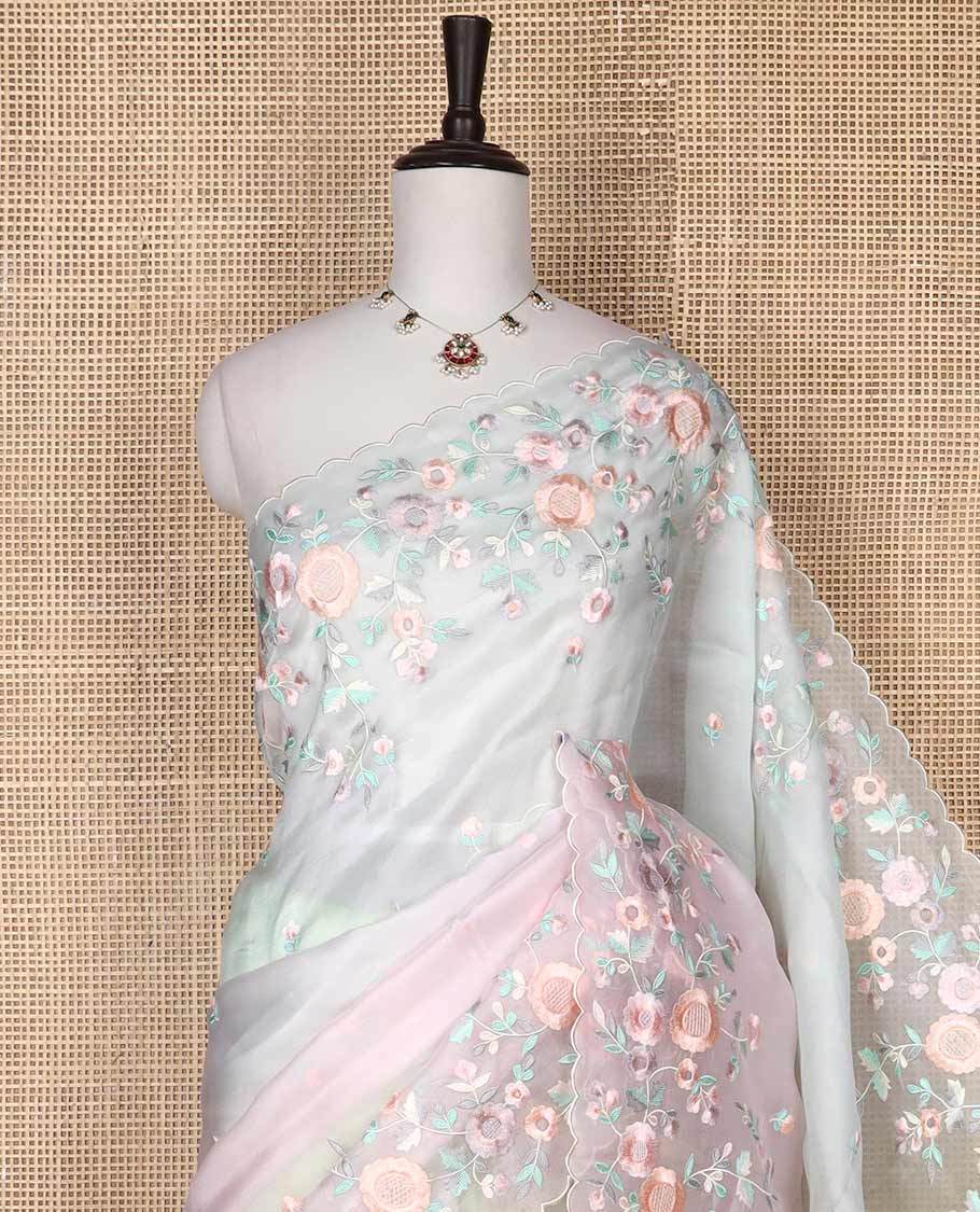 Multi volor motifs organza saree with self floral embroidery, scallop border - Image 3