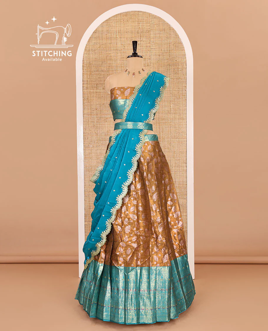 Mustard and rama color half-saree, leaf jacquard with contrast traditional bordered banarasi tissue skirt, a matching blouse, and a contrast scallop embroidered fendi organza dhavani - Image 3