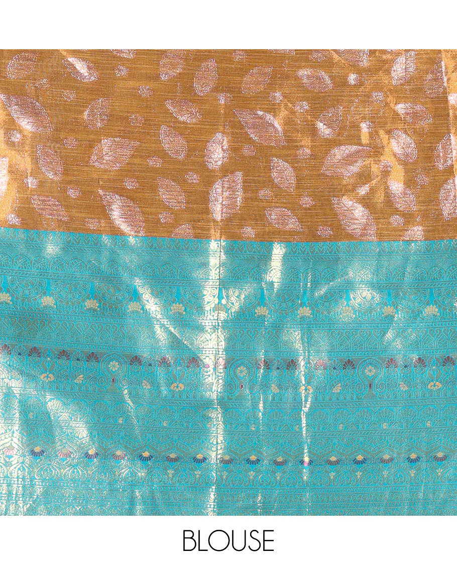 Mustard and rama color half-saree, leaf jacquard with contrast traditional bordered banarasi tissue skirt, a matching blouse, and a contrast scallop embroidered fendi organza dhavani - Image 4