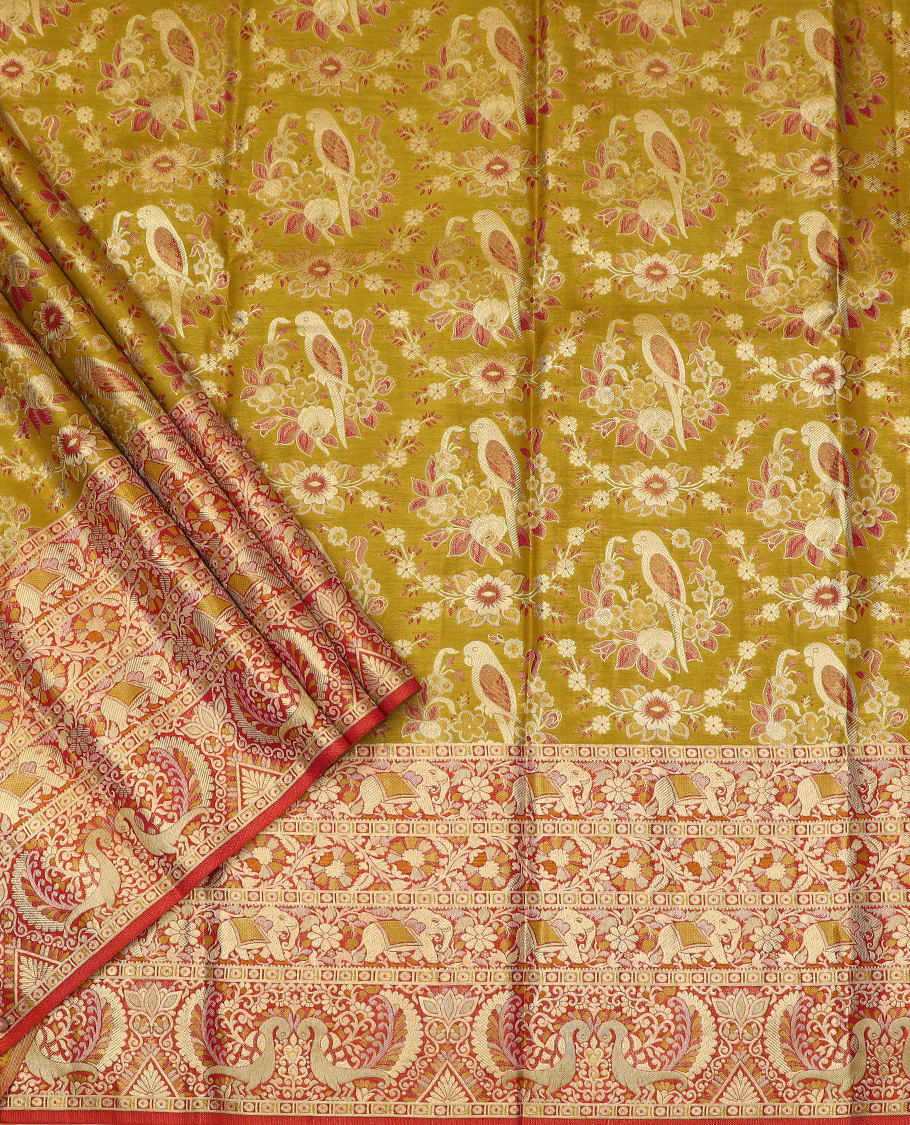Mustard Art Silk Half-Saree Richly Detailed with Parrot Jacquard Designs on Its Skirt, Featuring a Finely Crafted Meenakari Border of Yaanai and Mayil Motifs, Paired with a Zari-Enriched Jacquard Blouse, and Complemented with a Manga-Designed Dhavani - Image 2