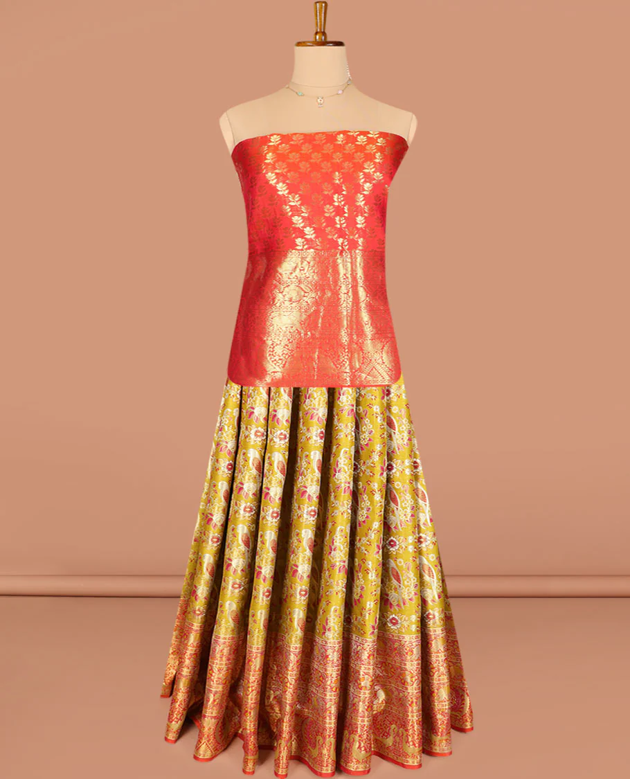 Mustard Art Silk Half-Saree Richly Detailed with Parrot Jacquard Designs on Its Skirt, Featuring a Finely Crafted Meenakari Border of Yaanai and Mayil Motifs, Paired with a Zari-Enriched Jacquard Blouse, and Complemented with a Manga-Designed Dhavani - Image 3