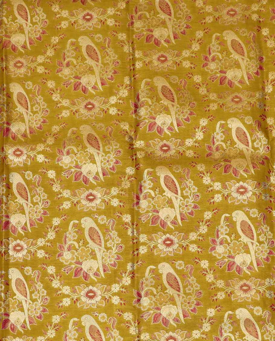 Mustard Art Silk Half-Saree Richly Detailed with Parrot Jacquard Designs on Its Skirt, Featuring a Finely Crafted Meenakari Border of Yaanai and Mayil Motifs, Paired with a Zari-Enriched Jacquard Blouse, and Complemented with a Manga-Designed Dhavani - Image 4