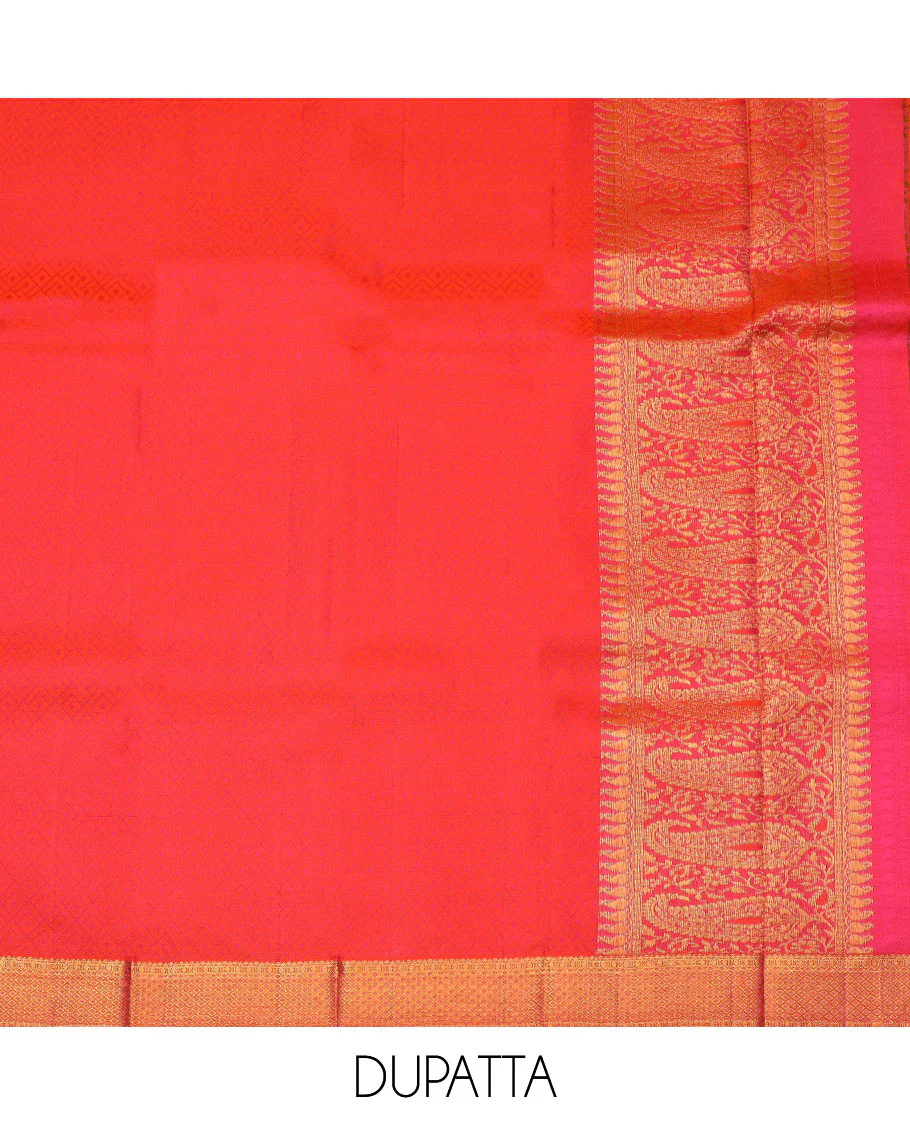 Mustard Art Silk Half-Saree Richly Detailed with Parrot Jacquard Designs on Its Skirt, Featuring a Finely Crafted Meenakari Border of Yaanai and Mayil Motifs, Paired with a Zari-Enriched Jacquard Blouse, and Complemented with a Manga-Designed Dhavani - Image 5