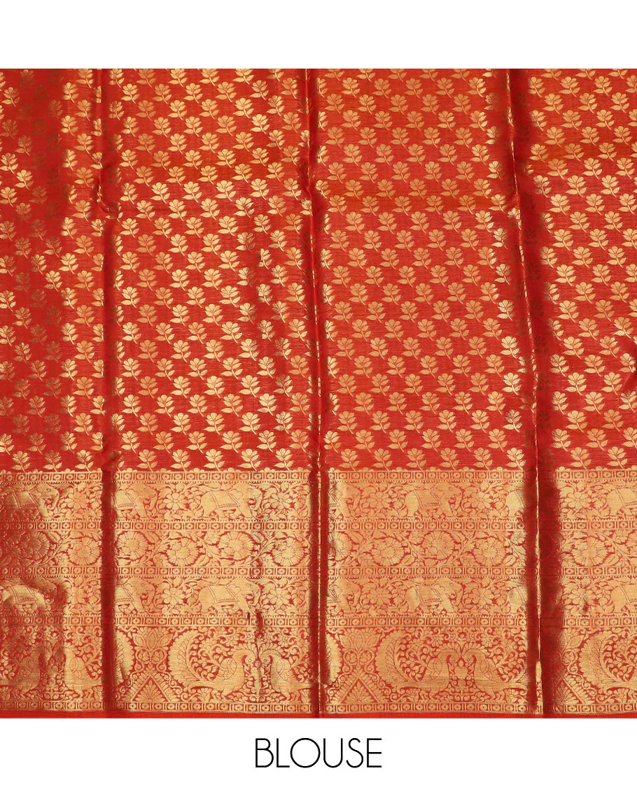 Mustard Art Silk Half-Saree Richly Detailed with Parrot Jacquard Designs on Its Skirt, Featuring a Finely Crafted Meenakari Border of Yaanai and Mayil Motifs, Paired with a Zari-Enriched Jacquard Blouse, and Complemented with a Manga-Designed Dhavani - Image 6