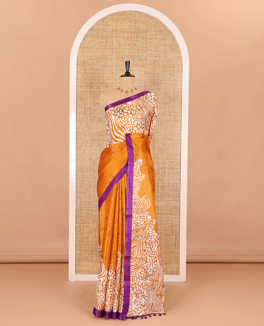 Mustard batik printed art Khadi cotton saree, batik printed border, batik printed pallu, and a contrast batik printed blouse - Image 2