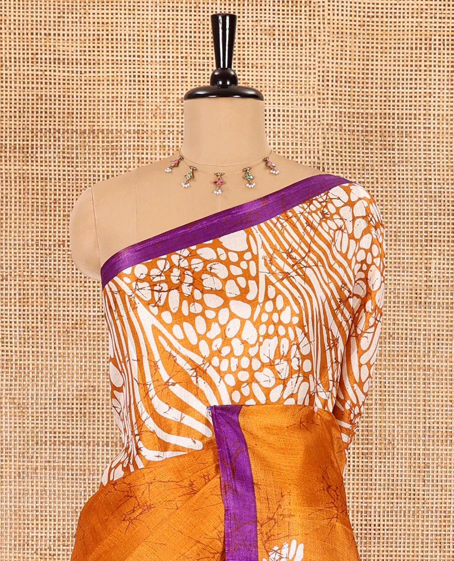 Mustard batik printed art Khadi cotton saree, batik printed border, batik printed pallu, and a contrast batik printed blouse - Image 3