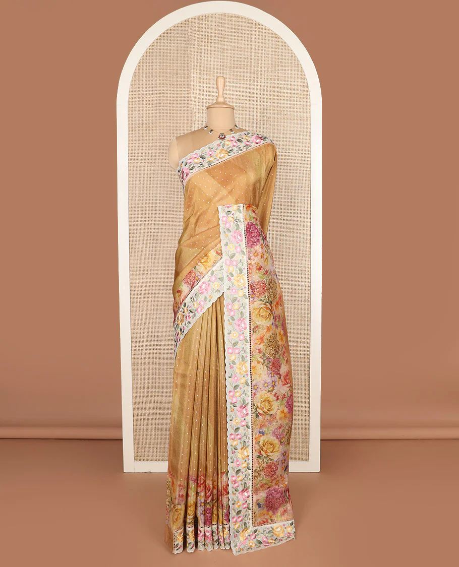 Mustard buttas with floral printed dola silk saree, contrast floral embroidered scallop border - Image 2