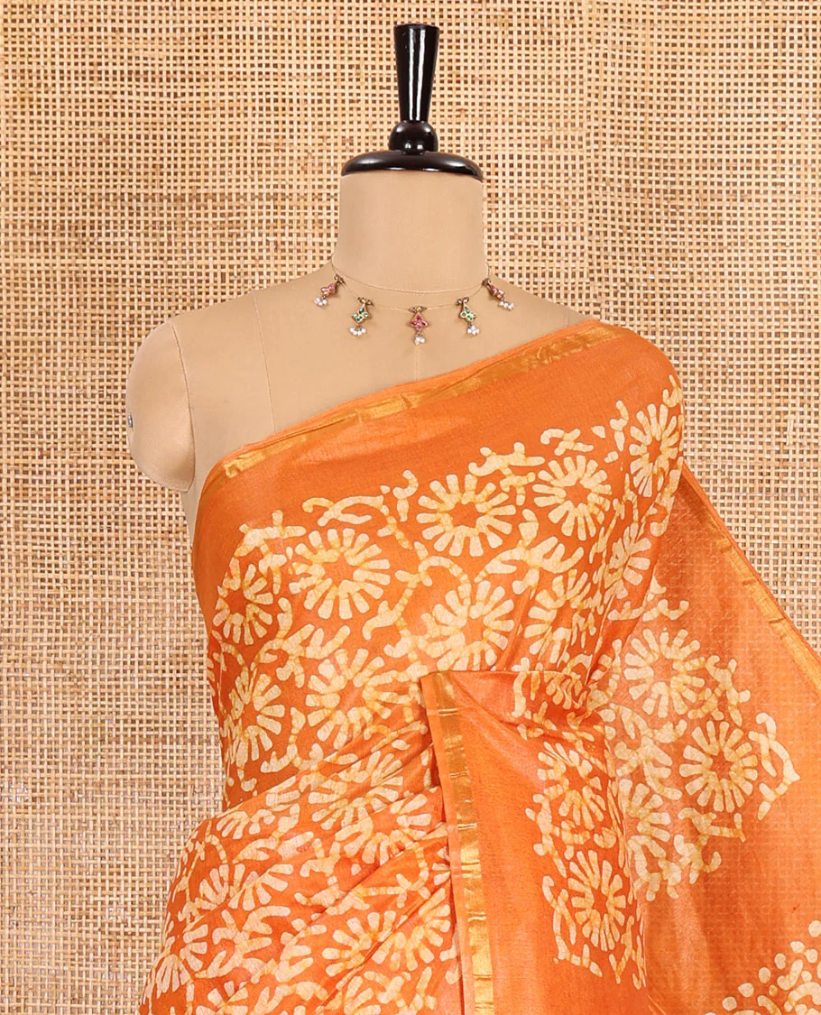 Mustard floral design batik-printed Bhagalpur cotton saree, zari piping border, batik-printed pallu, and a plain blouse - Image 2