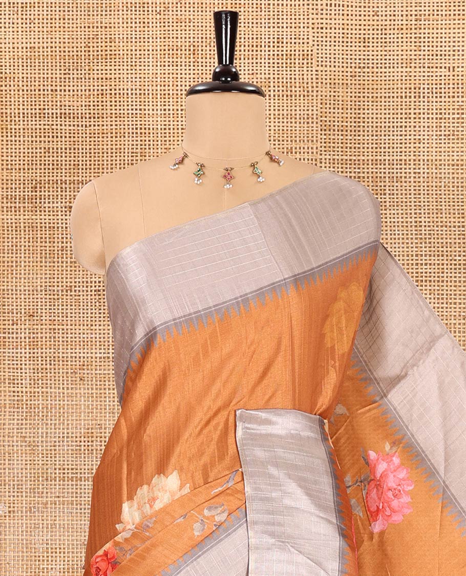 Mustard floral motifs printed fancy tussar saree, contrast temple checked border, checked pallu, and a contrast checks and floral printed blouse - Image 2