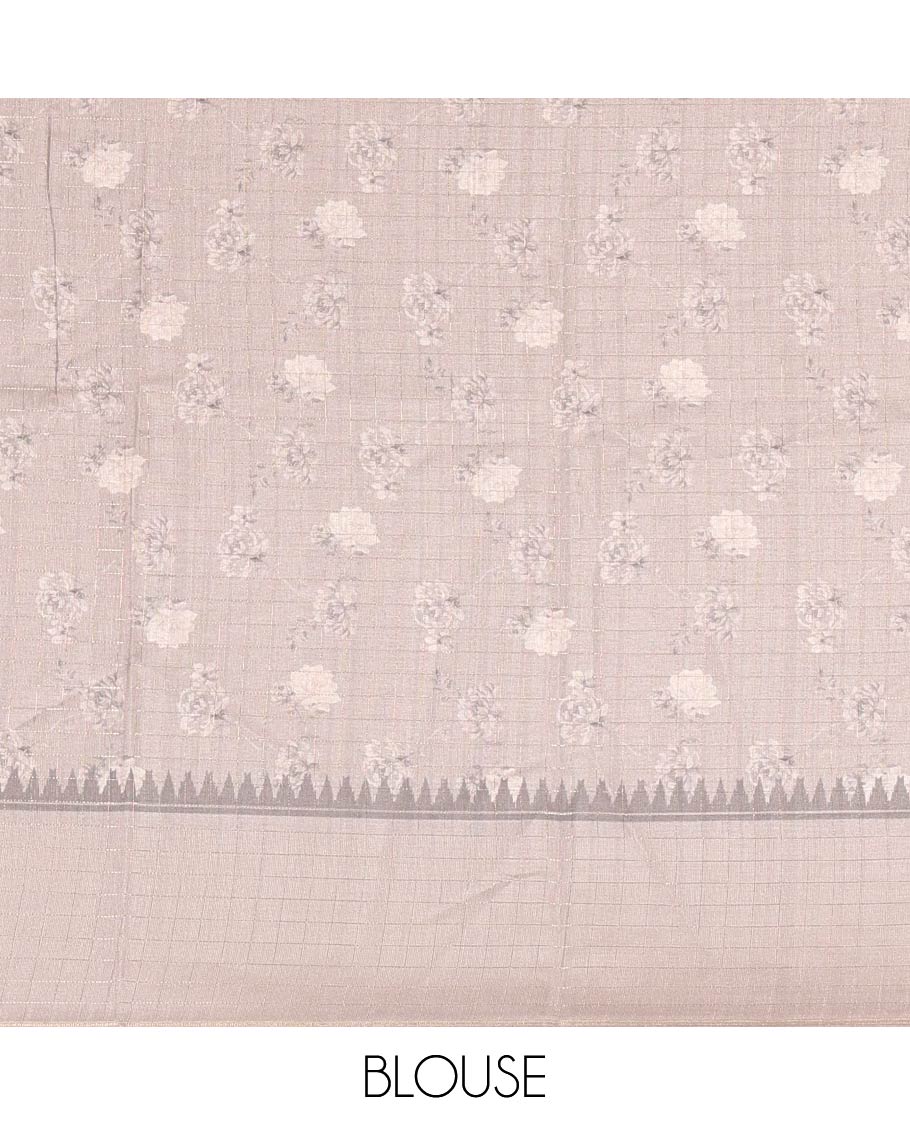 Mustard floral motifs printed fancy tussar saree, contrast temple checked border, checked pallu, and a contrast checks and floral printed blouse - Image 3