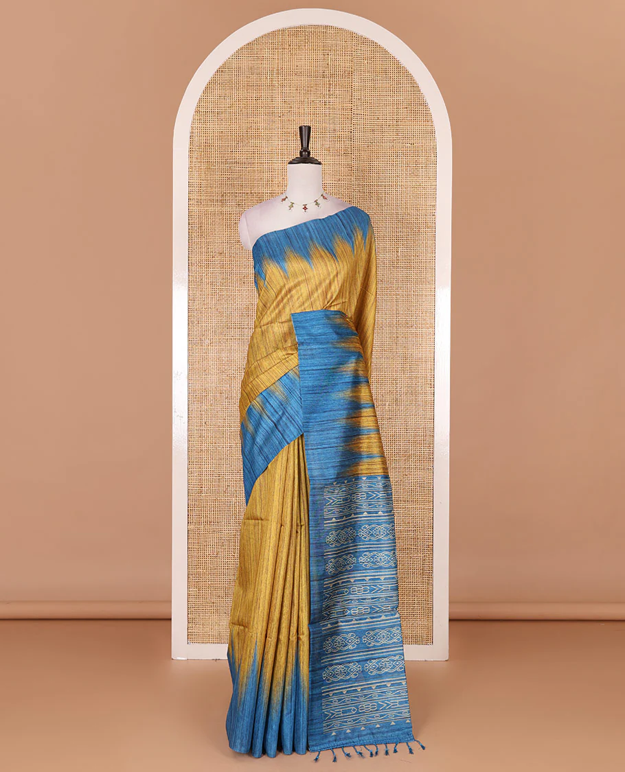 Mustard full plain katan silk saree, contrast temple border, odisha style printed pallu, and contrast plain blouse - Image 2