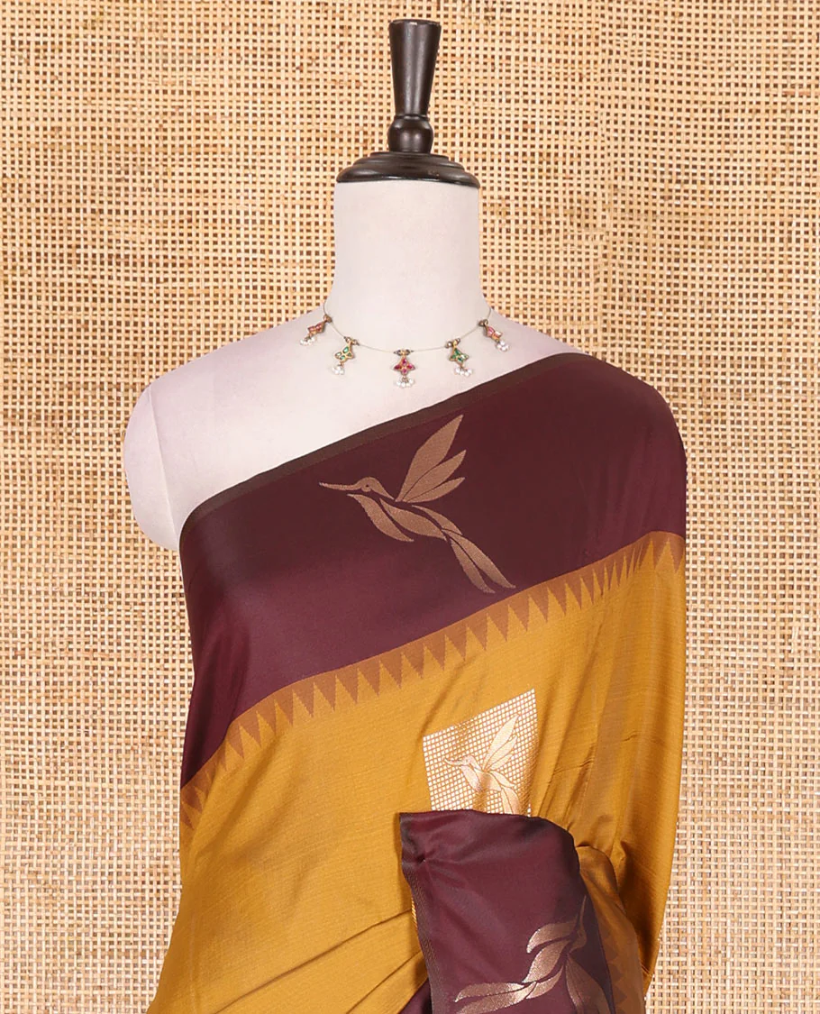 Mustard hummingbird zari buttas Mulberry silk saree, contrast hummingbird motifs temple border, intricate pallu, and contrast zari design blouse - Image 3