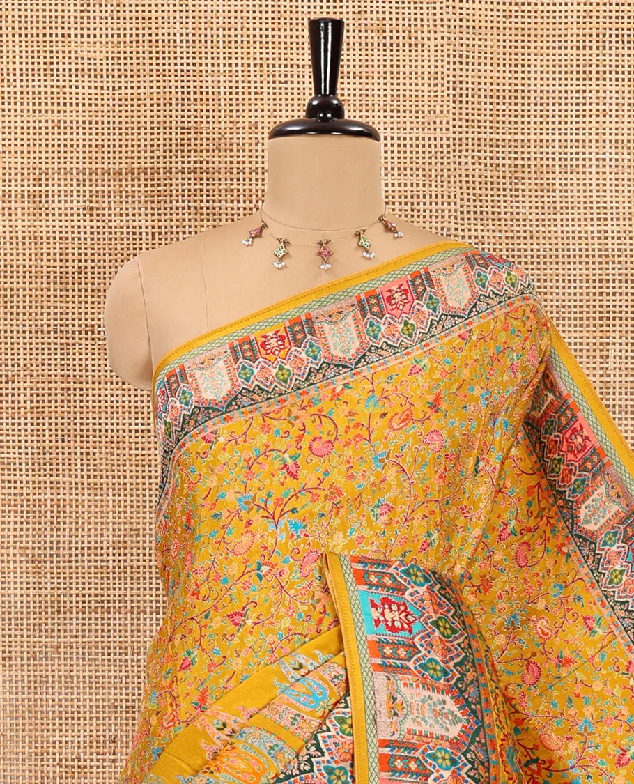 Mustard intricate Mughal style position woven Russian silk saree, Mughal style motifs position woven border, pallu, and a contrast manga buttas blouse - Image 2