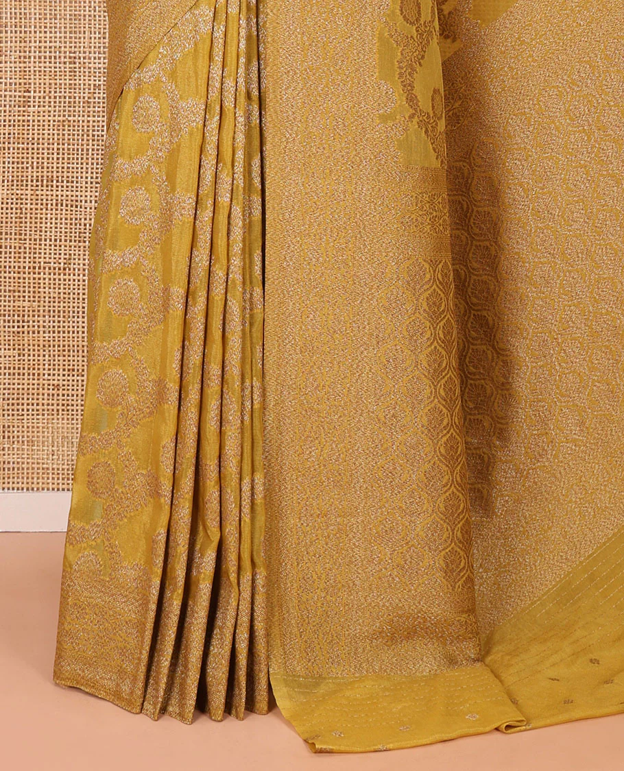 Mustard jaal jacquard fancy crepe banaras khaddi saree, floral creeper design border, ogee patterned pallu, and a matching blouse - Image 3