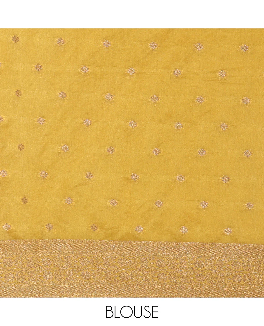 Mustard jaal jacquard fancy crepe banaras khaddi saree, floral creeper design border, ogee patterned pallu, and a matching blouse - Image 4