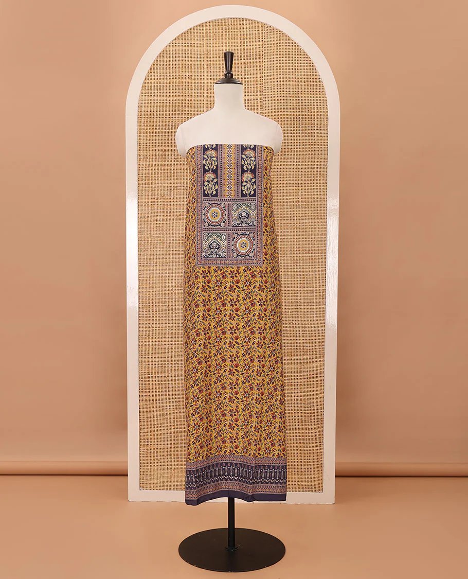 Mustard material chudidar set,floral-geometric Arjrakh print & stonework Masakali crepe top, plain bottom & Arjrakh print & stonework chinon dupatta - Image 4