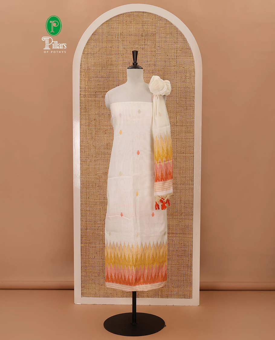 Mustard material chudidar set,meena butta & ombre zig-zag print mul chanderi top,plain bottom & mul chanderi dupatta of meena butta & ombre zig-zag print