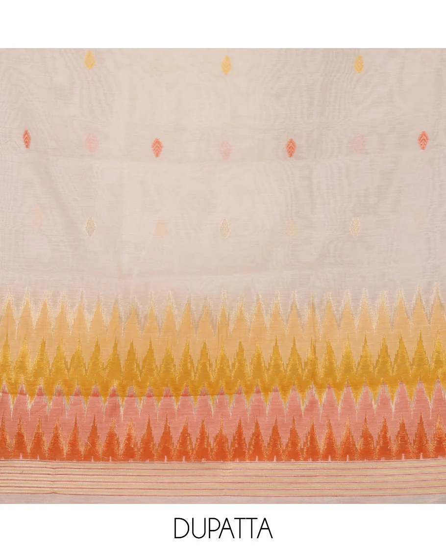 Mustard material chudidar set,meena butta & ombre zig-zag print mul chanderi top,plain bottom & mul chanderi dupatta of meena butta & ombre zig-zag print - Image 2