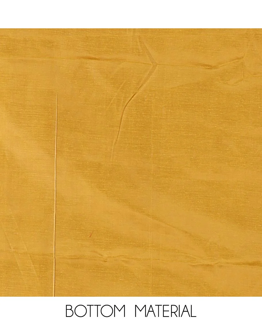 Mustard material chudidar set, plain with pom-pom tasseled mul chanderi top, a matching bottom, and organza dupatta of stripes - Image 5
