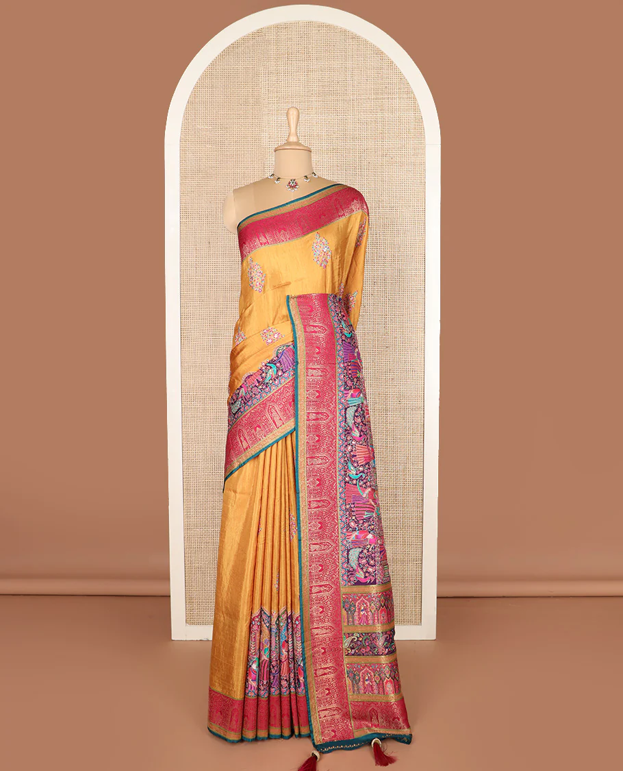Mustard meenakari floral bouquet and Mughal style motifs dola silk saree, contrast border, and pallu steeped with meenakari motifs - Image 2