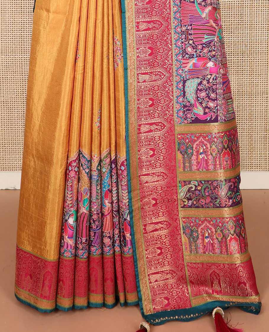 Mustard meenakari floral bouquet and Mughal style motifs dola silk saree, contrast border, and pallu steeped with meenakari motifs - Image 4