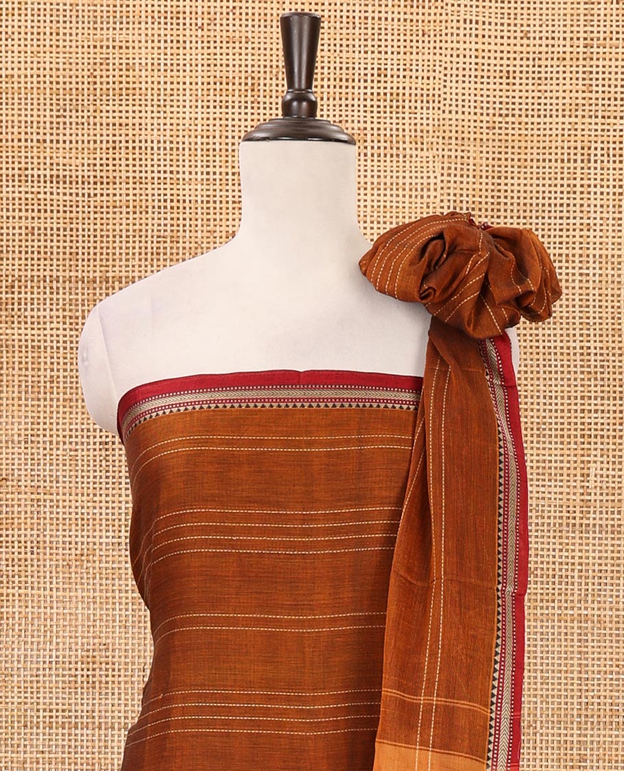 Mustard mercerized cotton material chudidar set,vertical striped contrast border top, matching threadwork bottom & traditional border matching dupatta - Image 3