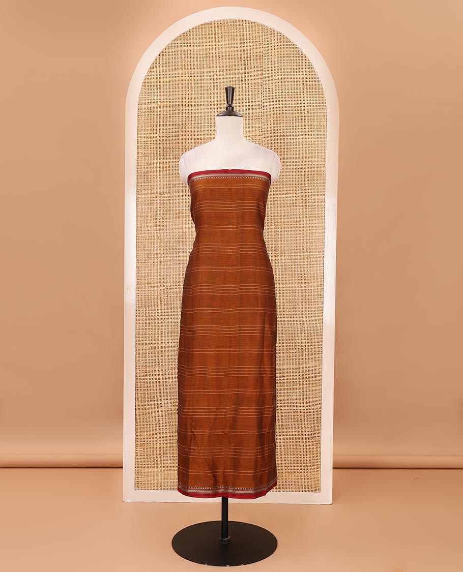 Mustard mercerized cotton material chudidar set,vertical striped contrast border top, matching threadwork bottom & traditional border matching dupatta - Image 4