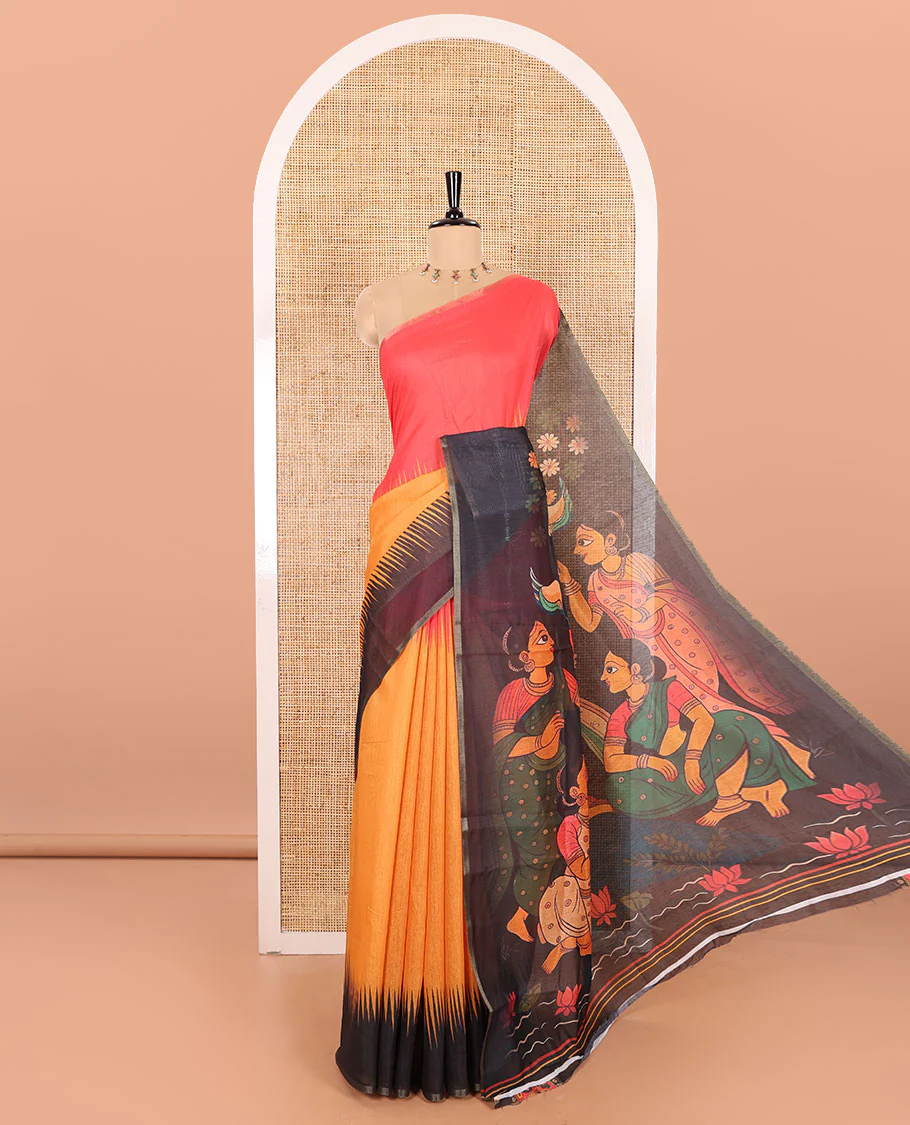 Mustard Plain Chanderi Cotton Saree Featuring a Contrast Black and Pink Ganga-Jamuna Temple Big Border, a Pallu Beautified with a Realistic Painted-Style Human Figurine Print, and Paired with a Contrast Kalamkari Peacock Printed Blouse