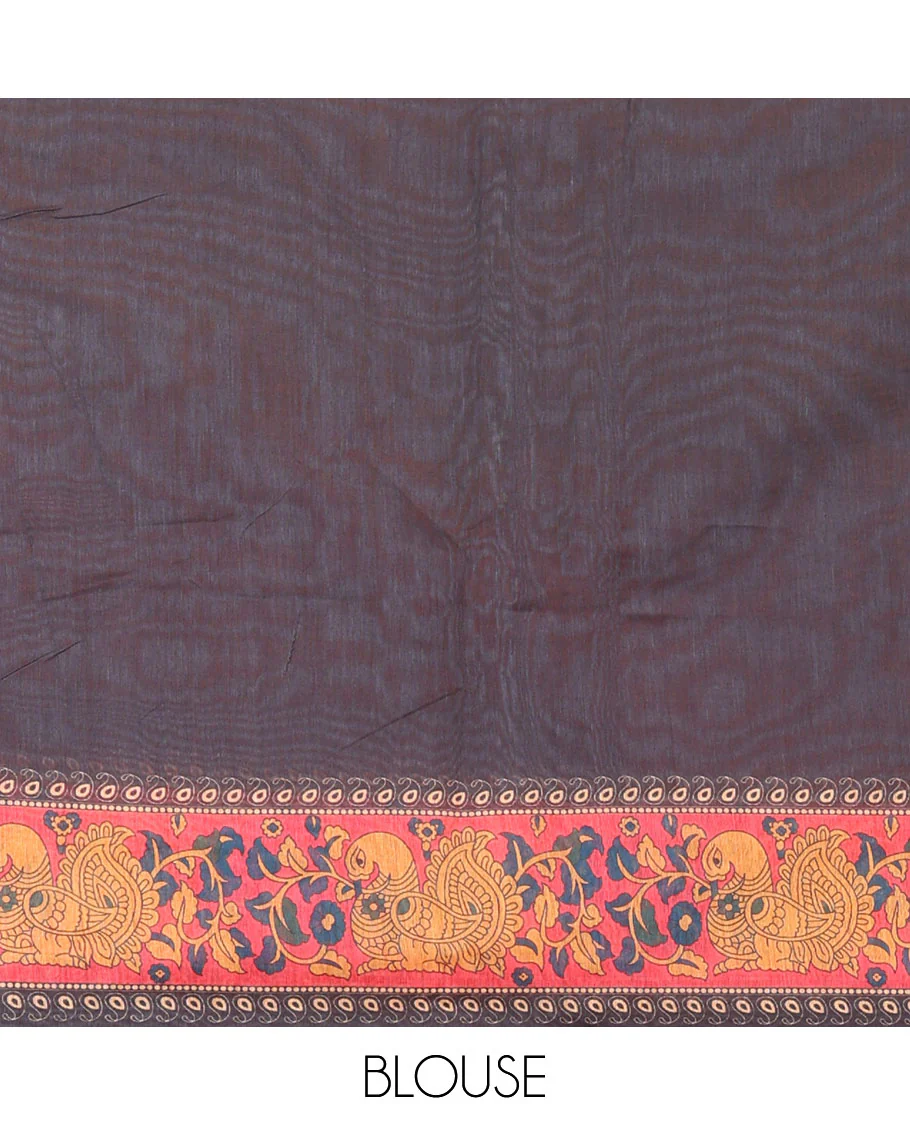 Mustard Plain Chanderi Cotton Saree Featuring a Contrast Black and Pink Ganga-Jamuna Temple Big Border, a Pallu Beautified with a Realistic Painted-Style Human Figurine Print, and Paired with a Contrast Kalamkari Peacock Printed Blouse - Image 3