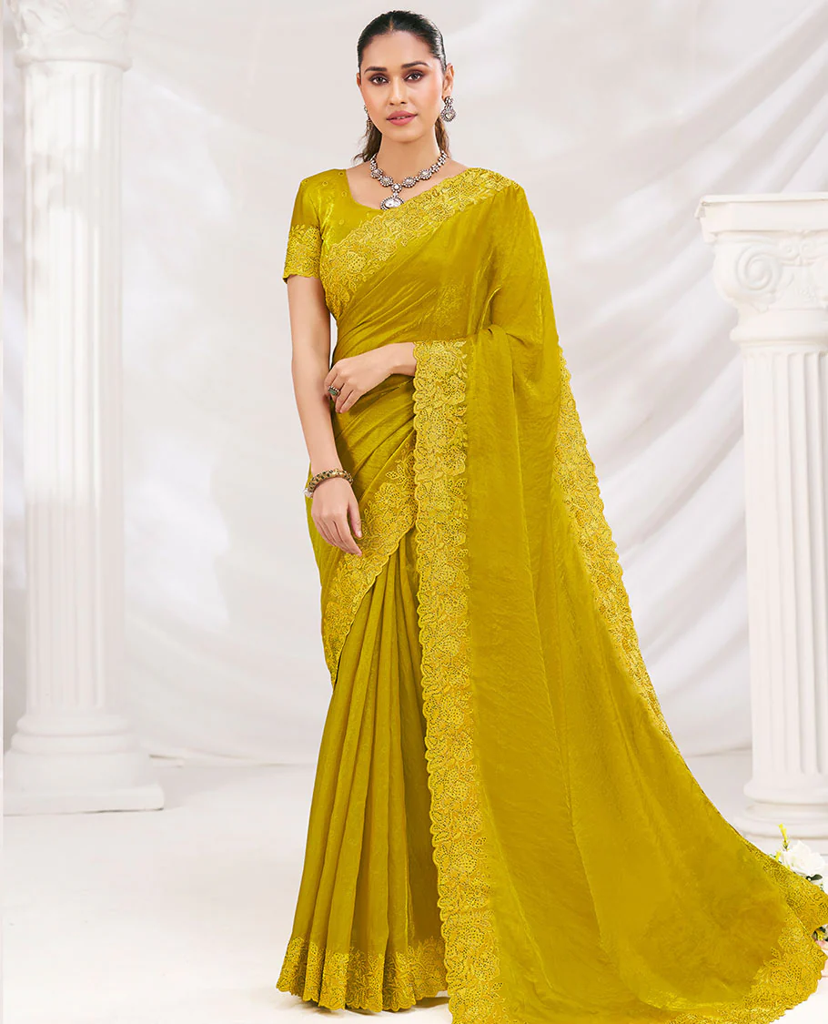 Mustard Plain Designer Saree Adorned with Floral Embroidered Borders All Over the Edges, Paired with Embroidery Work Blouse