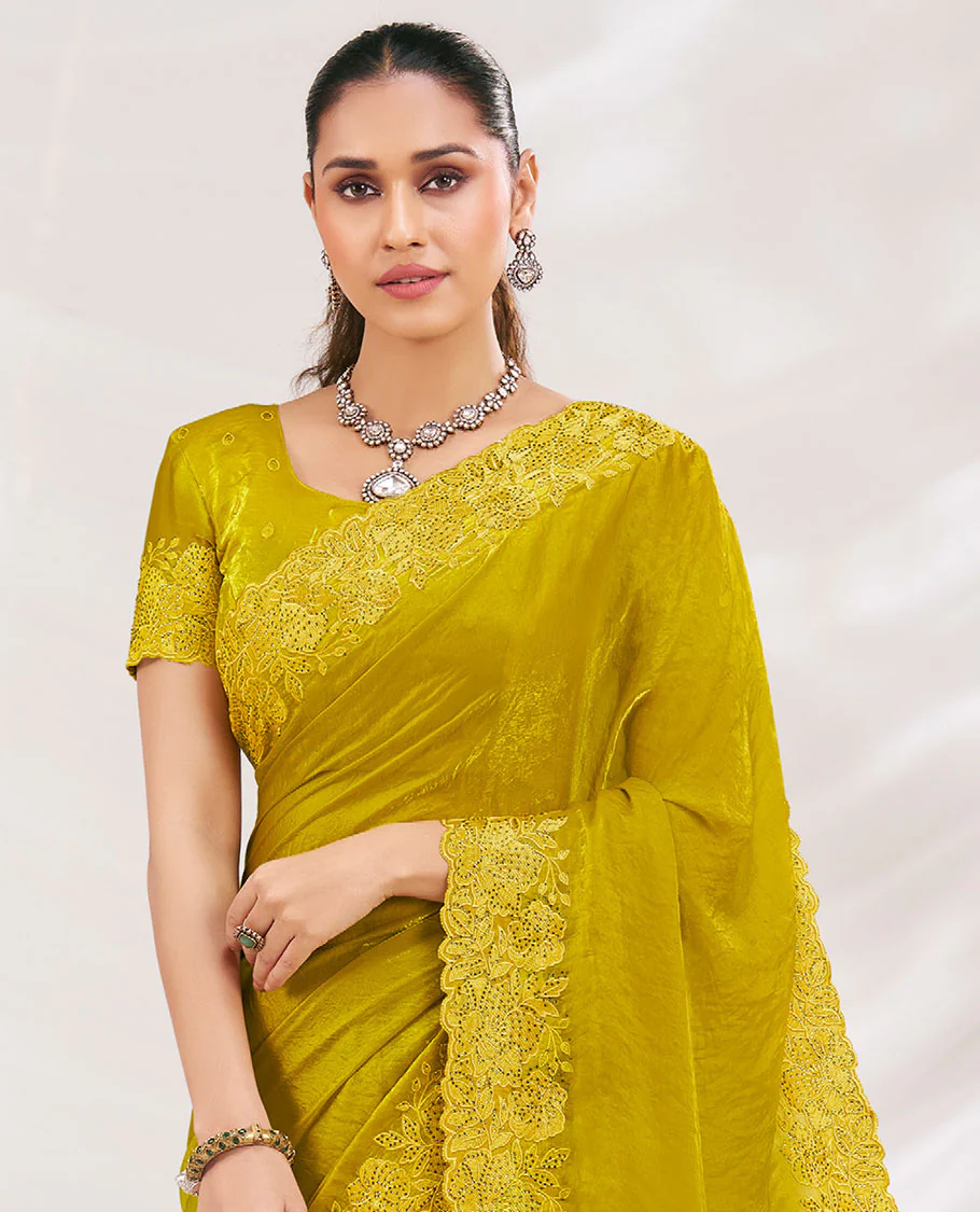 Mustard Plain Designer Saree Adorned with Floral Embroidered Borders All Over the Edges, Paired with Embroidery Work Blouse - Image 2