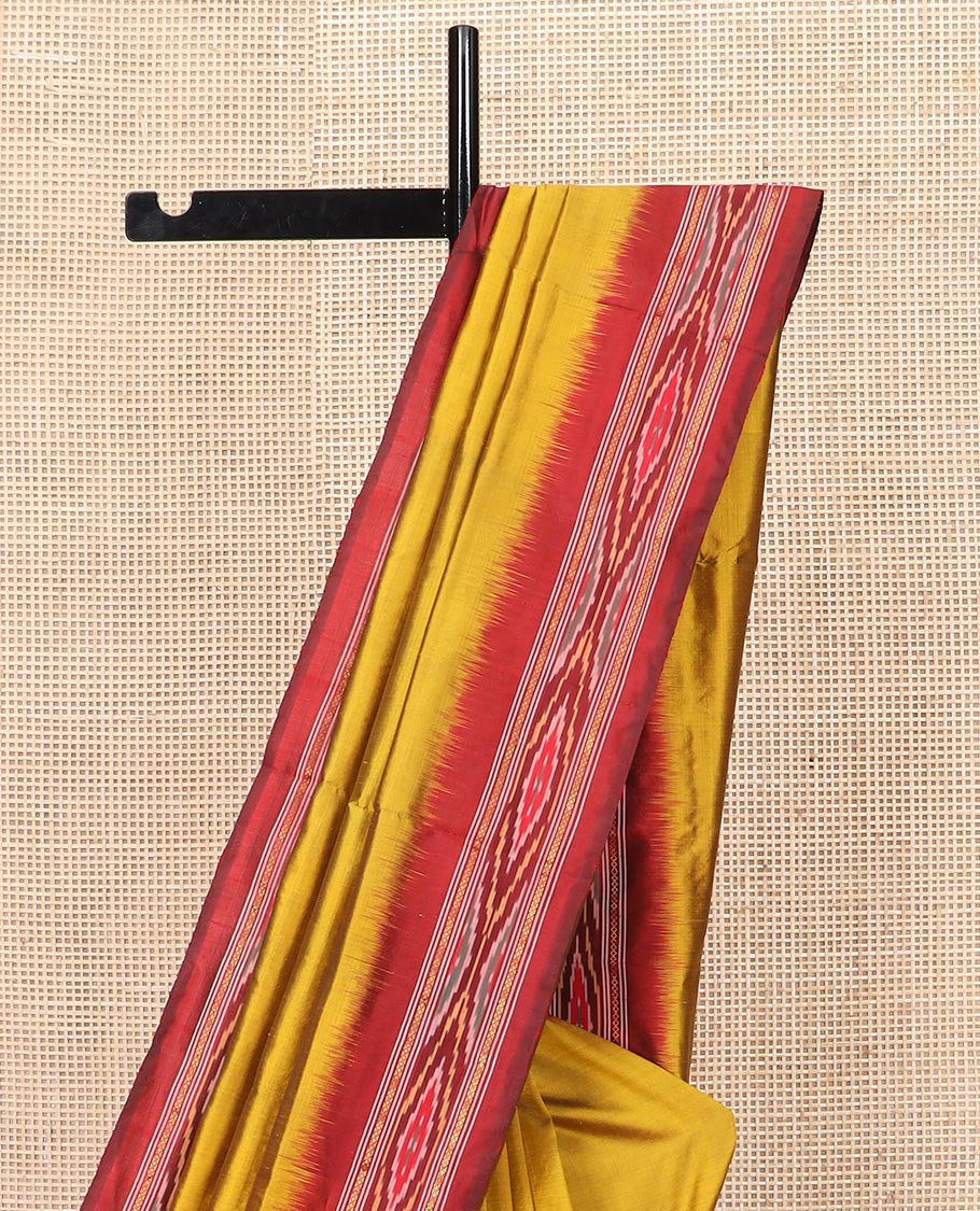 Mustard Plain Ikkat Silk Saree with a Contrast Border Enhanced by an Ikkat Weave, Pallu Features Stripes and Ikkat Texture - Image 3