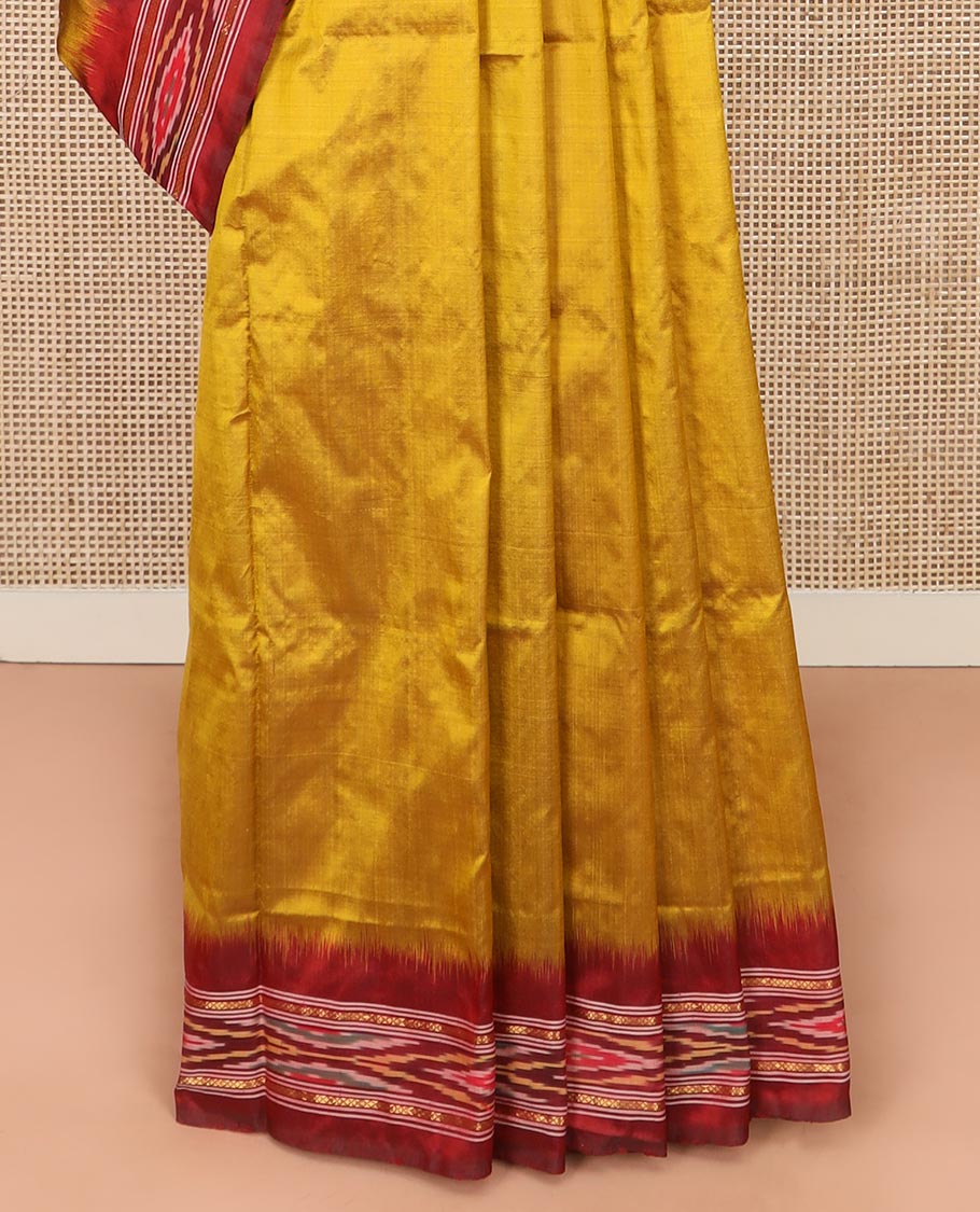 Mustard Plain Ikkat Silk Saree with a Contrast Border Enhanced by an Ikkat Weave, Pallu Features Stripes and Ikkat Texture - Image 4