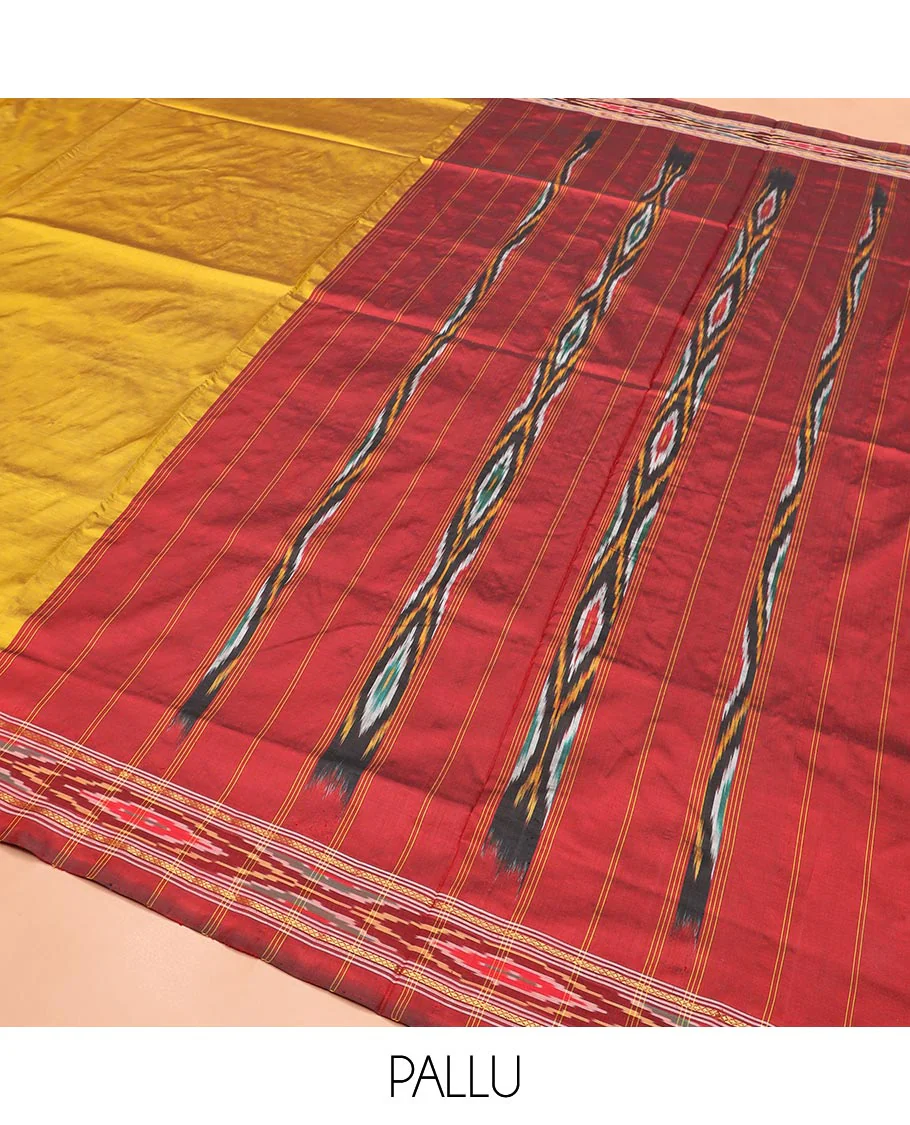 Mustard Plain Ikkat Silk Saree with a Contrast Border Enhanced by an Ikkat Weave, Pallu Features Stripes and Ikkat Texture - Image 5