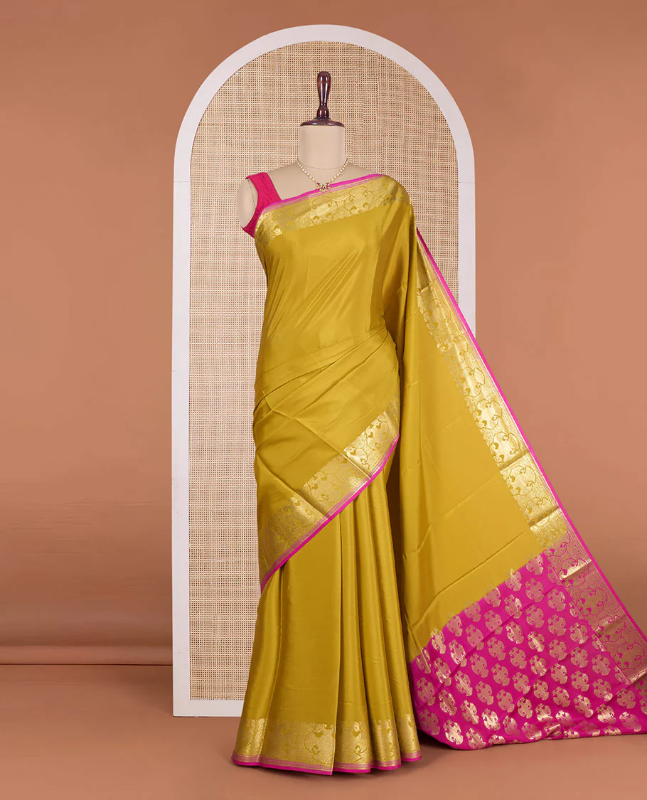 Mustard plain Mysore silk saree, two-headed eagle motifs woven border, and contrast pallu of two-headed eagle motifs - Image 2