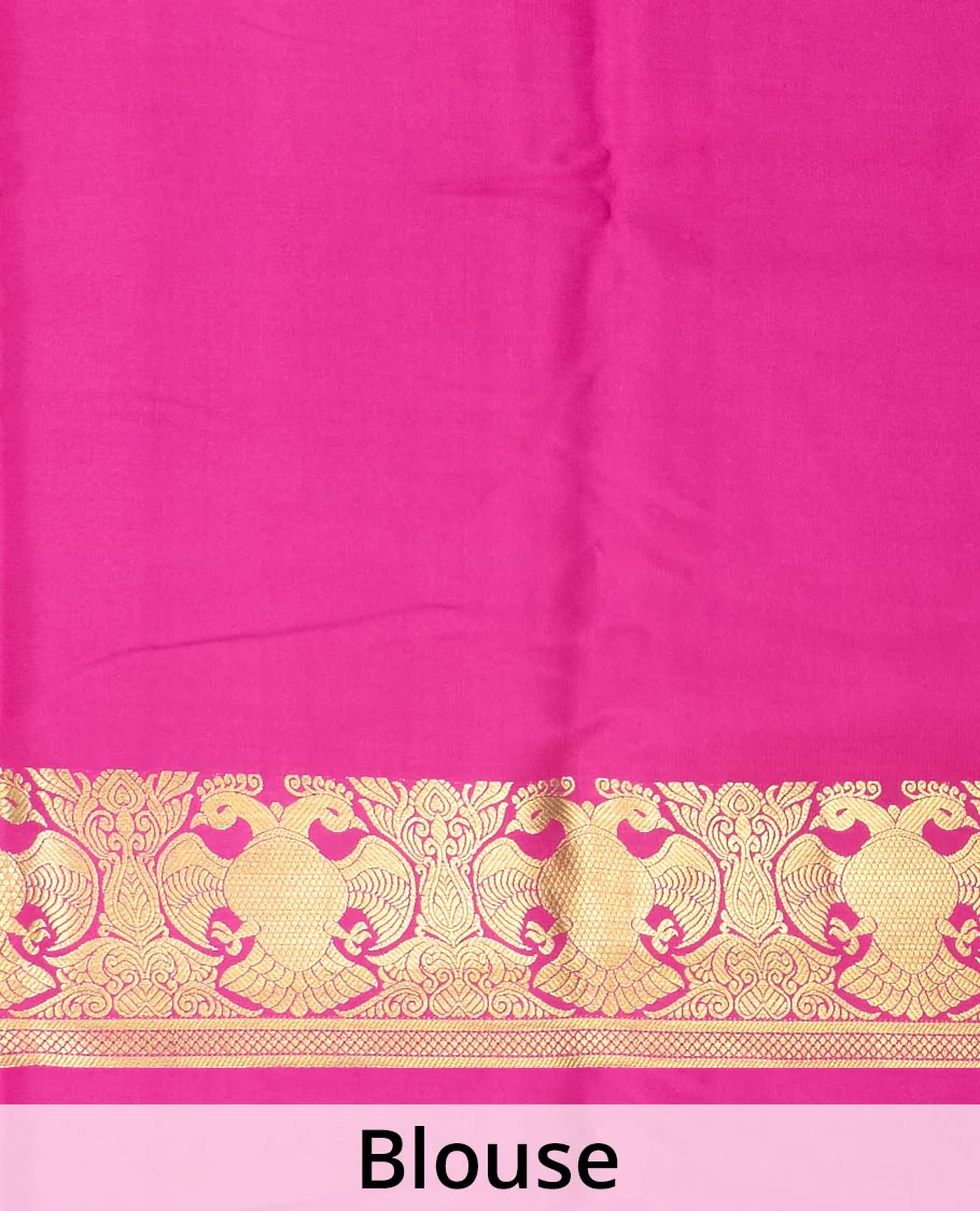 Mustard plain Mysore silk saree, two-headed eagle motifs woven border, and contrast pallu of two-headed eagle motifs - Image 5