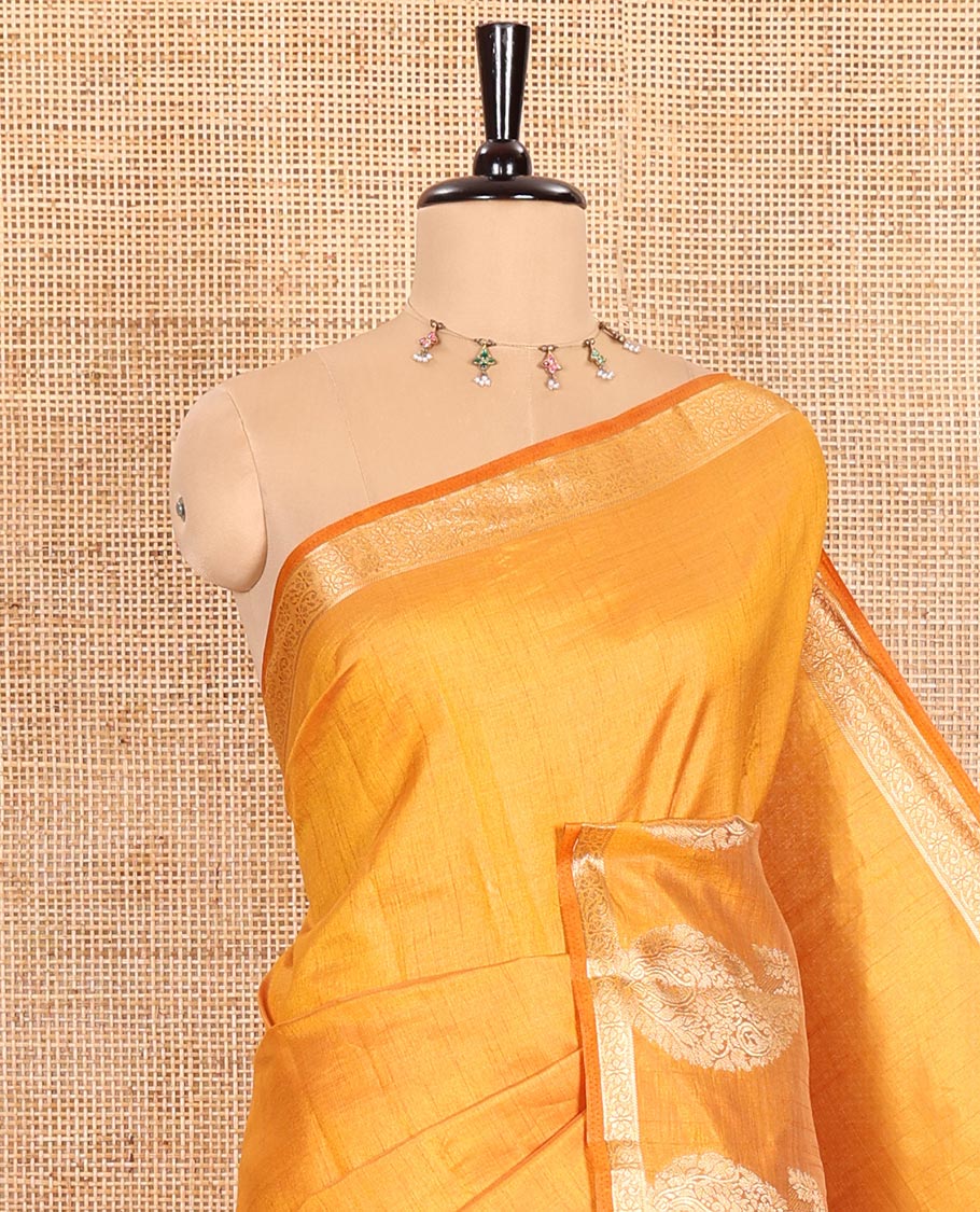 Mustard Plain Semi-Tussar Saree Artfully Detailed with a Self Border Featuring Floral and Paisley Zari Weave, Adorned with a Zari-Striped Pallu, Paired with a Matching Zari-Woven Blouse - Image 2