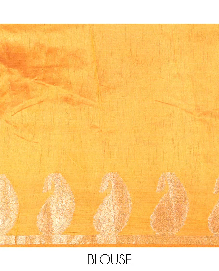 Mustard Plain Semi-Tussar Saree Artfully Detailed with a Self Border Featuring Floral and Paisley Zari Weave, Adorned with a Zari-Striped Pallu, Paired with a Matching Zari-Woven Blouse - Image 3