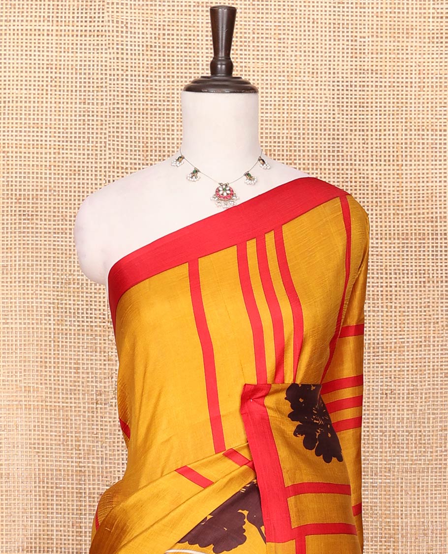 Mustard Printed Silk Saree Embellished with Stripes and Floral Buttas on Its Body, Complemented with a Contrast Border, Pallu of Floral Print, and Paired with a Contrast Plain Blouse - Image 2
