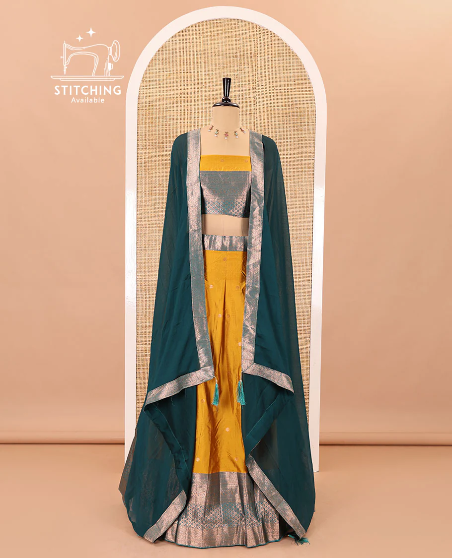 Mustard-rama taffeta half-saree, zari buttas with contrast traditional zari bordered skirt, a matching blouse, and contrast zari border dhavani with belt - Image 2